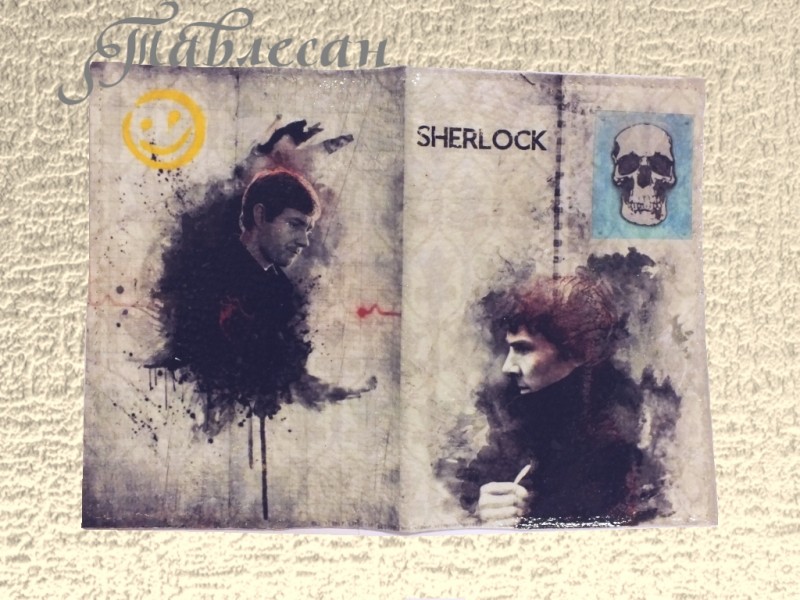 Обложка для паспорта Шерлок и Джон кожа, декупаж